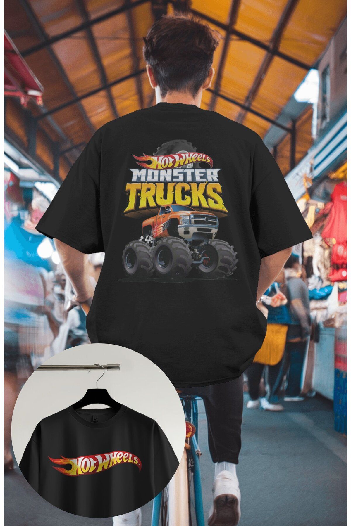Fuddy Moda Unisex Monster Trucks Sırt Baskılı Tişört, Oversize Hot Wheelss Yazılı T-Shirt