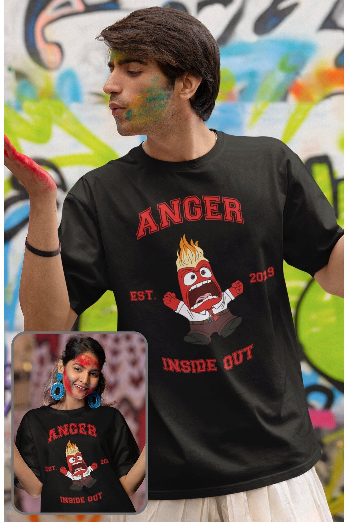 Fuddy Moda Unisex Insi.de Out Anger Baskılı T-shirt, Oversize Ters Yüz Animasyon Film Temalı Tişört