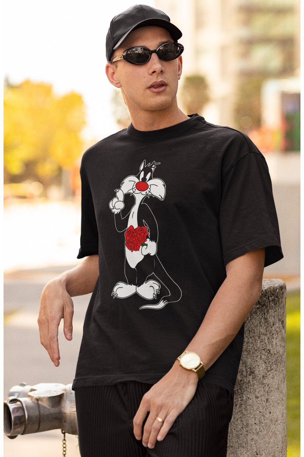Fuddy Moda Oversize Sylvester Baskılı Tişört, Unisex Çizgi Film Karakter Baskılı T-Shirt