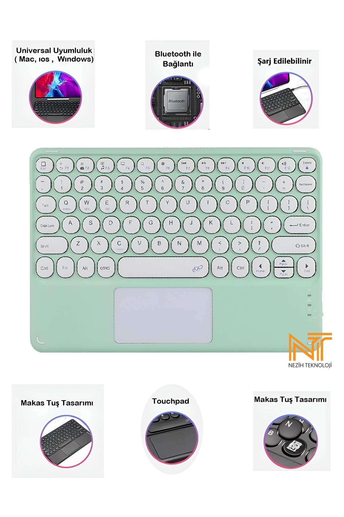 Nezih Case Huawei Honor Pad 8 / 9 / X8 / X8A / X8 PRO / X9 Uyumlu Touch Pad Özellikli Bluetooth Klavye