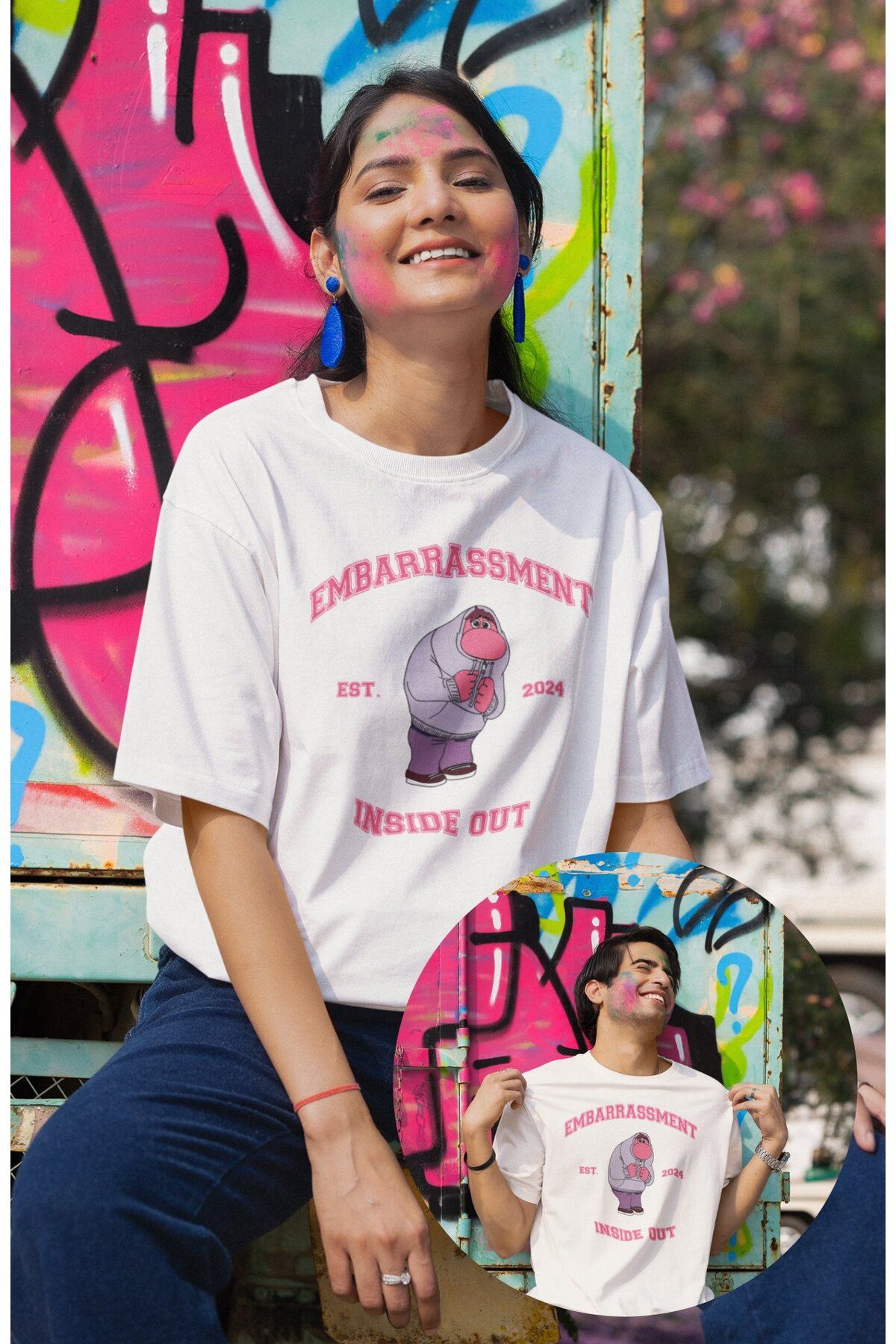 Fuddy Moda Unisex Insi.de Out Embarrassment Baskılı T-shirt, Oversize Ters Yüz Animasyon Film Temalı Tişört