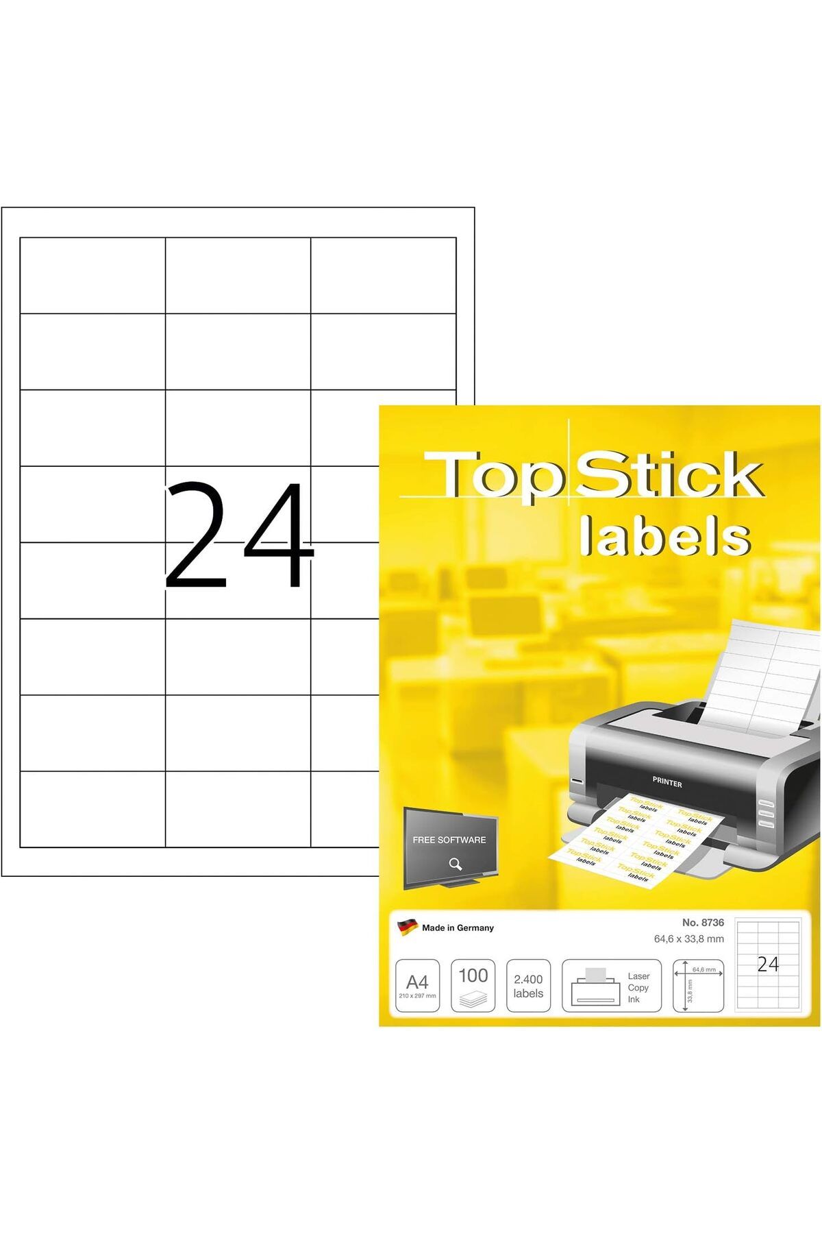KDROĞLU KDROGLU 8736 Evrensel Etiketler, 100 Yaprak, 64,6 x 33,8 mm, A4 Yaprak Başına 24 Adet, 2400 Çıka