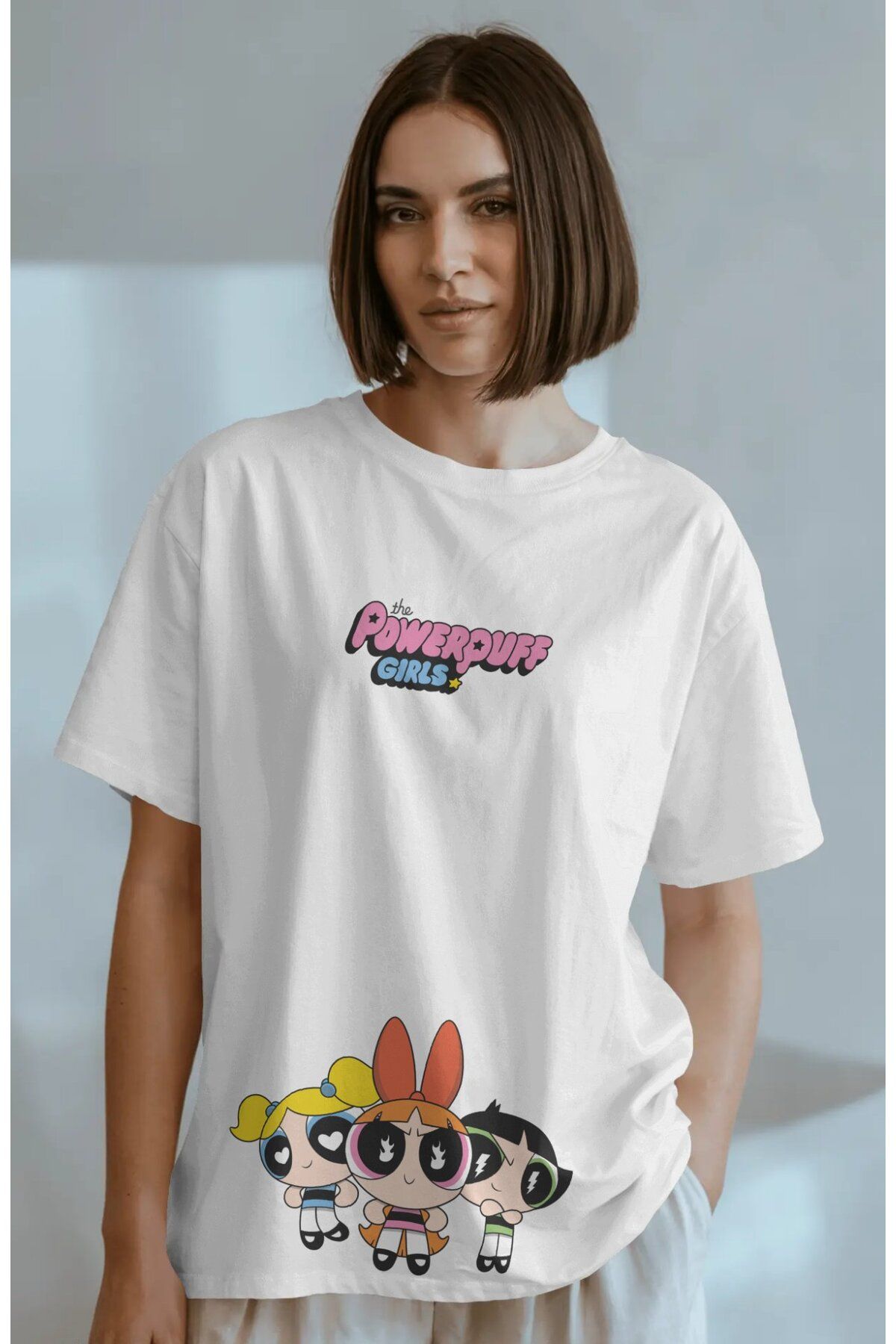 Fuddy Moda Powerpuff Girls Baskılı Tişört, Oversize Çizgi Film Temalı T-Shirt