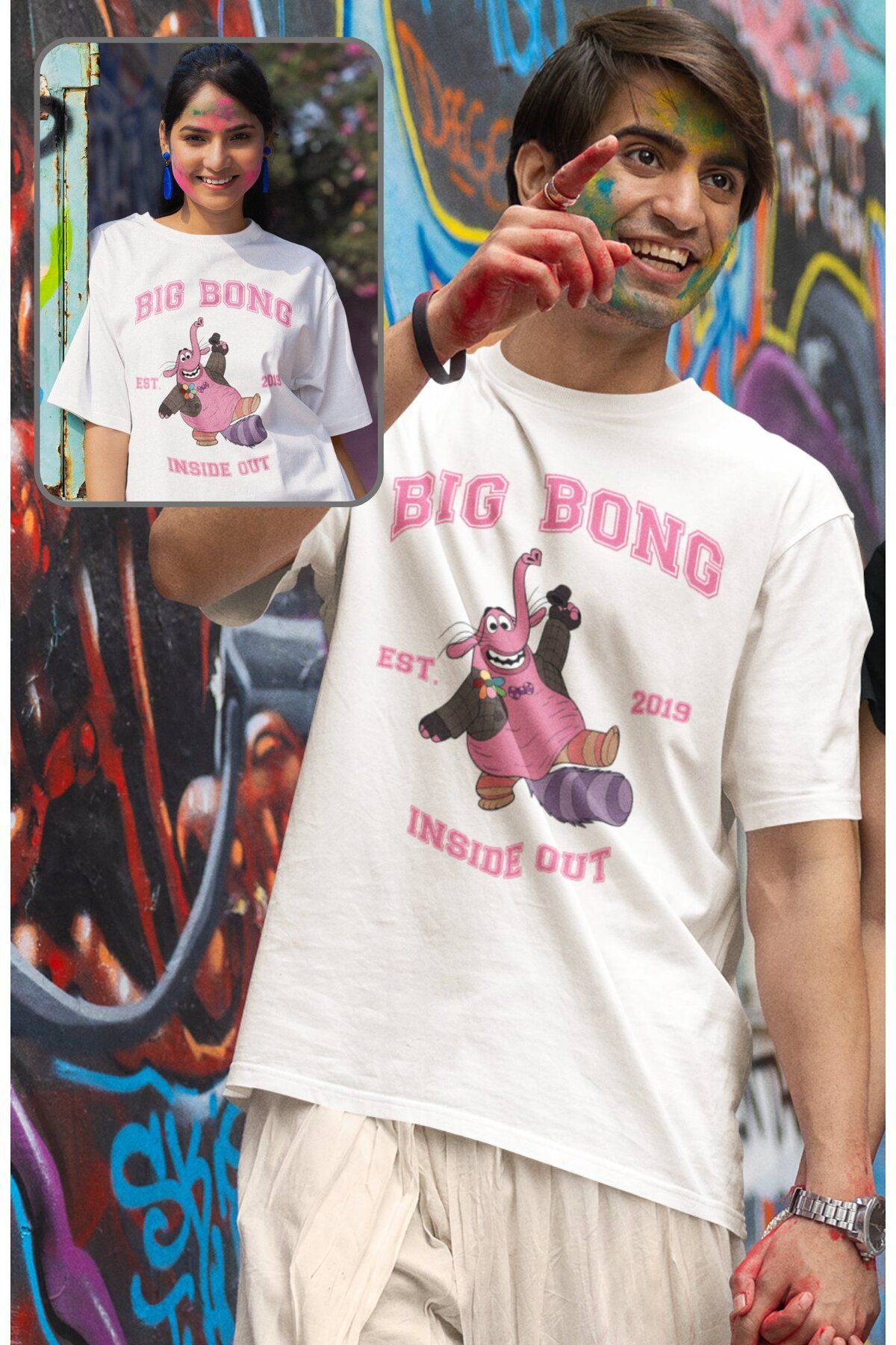 Fuddy Moda Unisex Insi.de Out Big Bong Baskılı T-shirt, Oversize Ters Yüz Animasyon Film Temalı Tişört