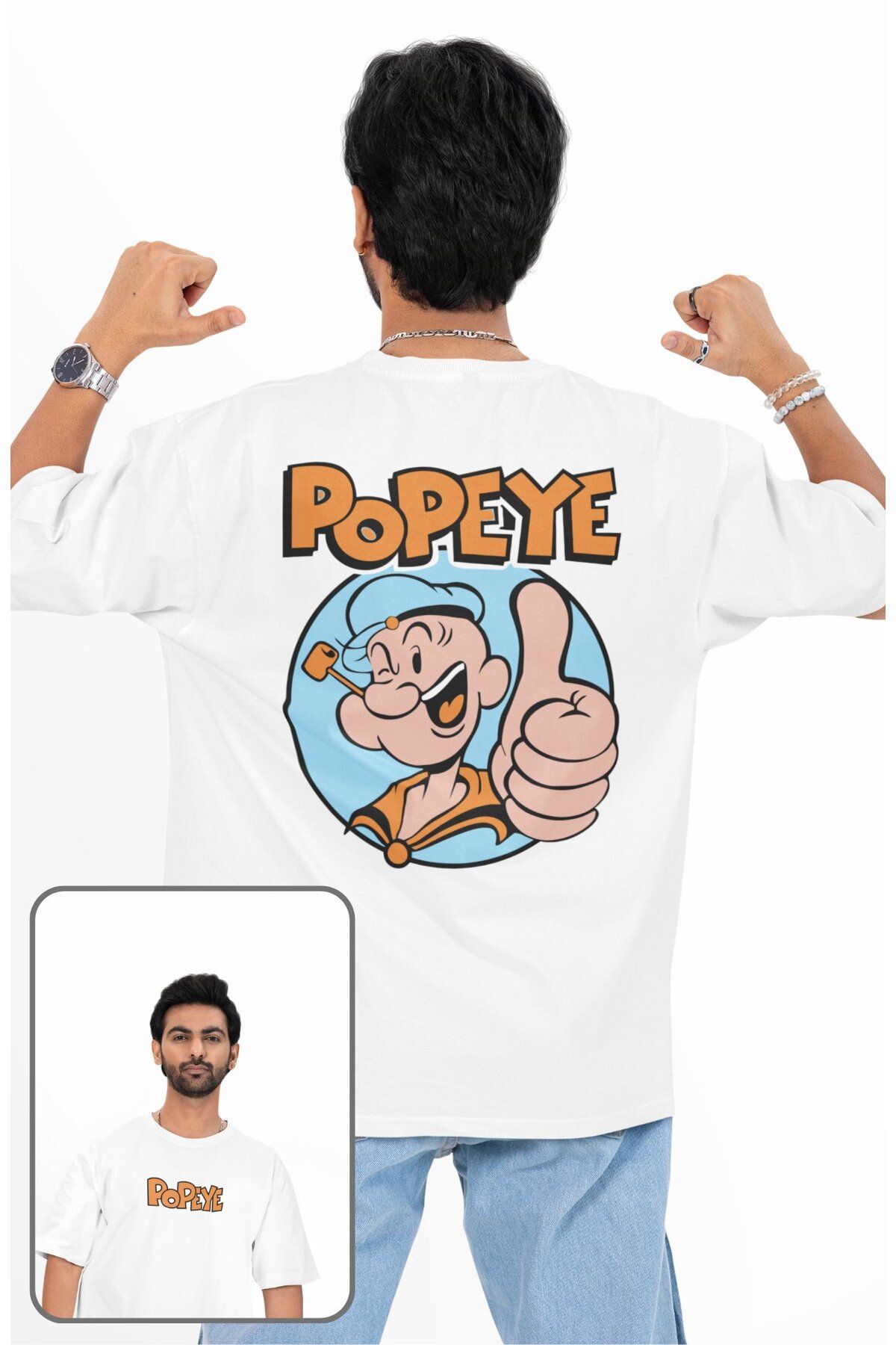 Fuddy Moda Unisex Temel Reis Popeye Sırt Baskılı Tişört, Oversize Çizgi Film Temalı T-Shirt