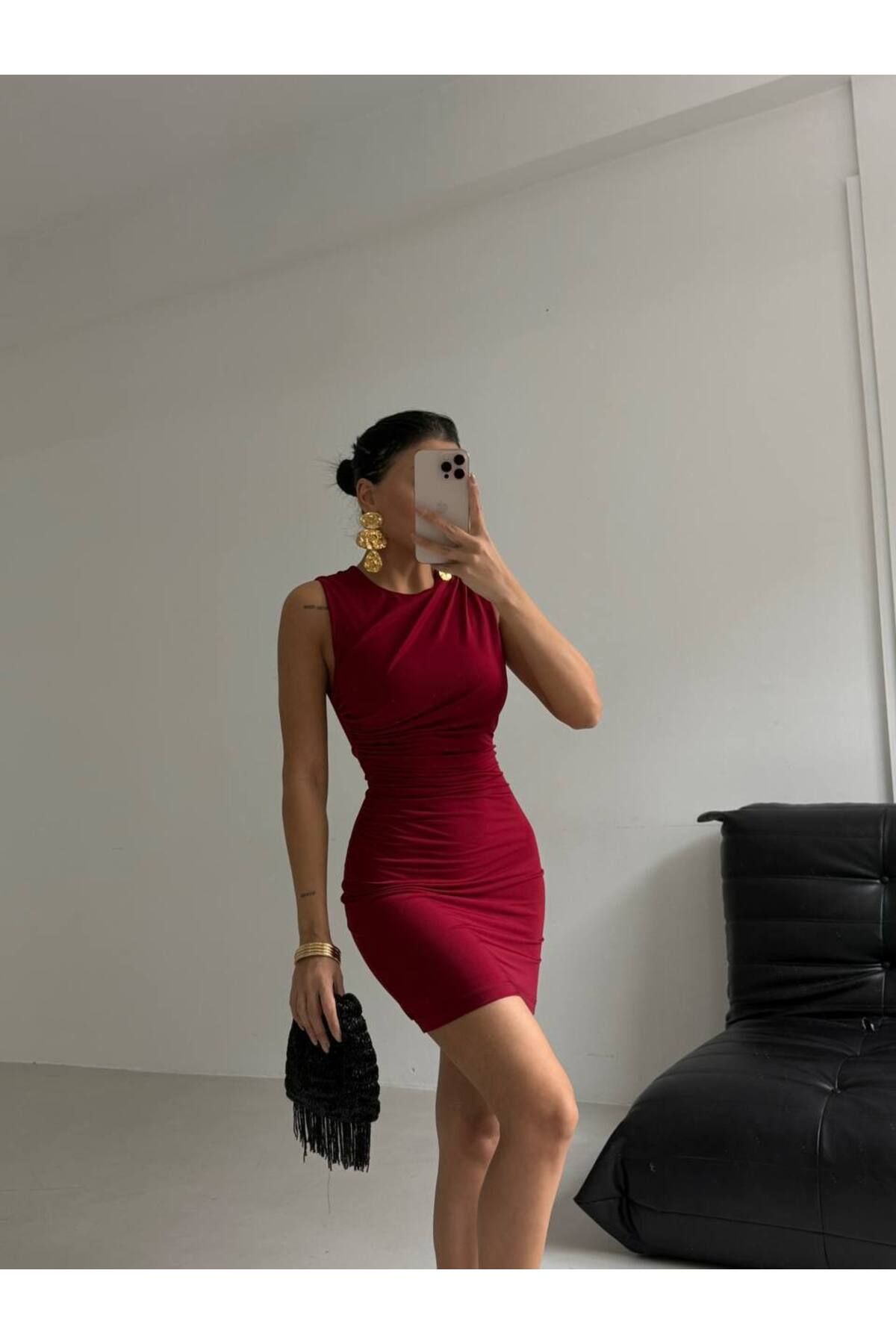 Castivo Fashion "Drapeli Vücudu Saran Kolsuz Mini Elbise