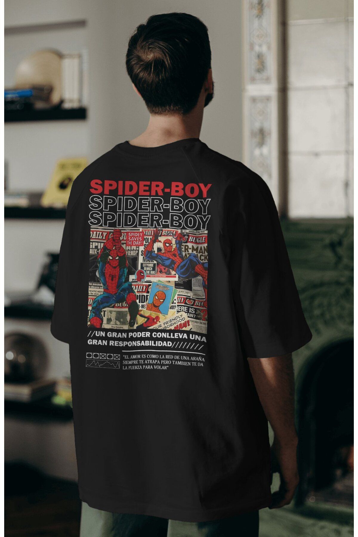 Fuddy Moda Spider Boy Sırt Baskılı Couple Tişört, Oversize Süper Kahraman Filmi Temalı Çift T-Shirt