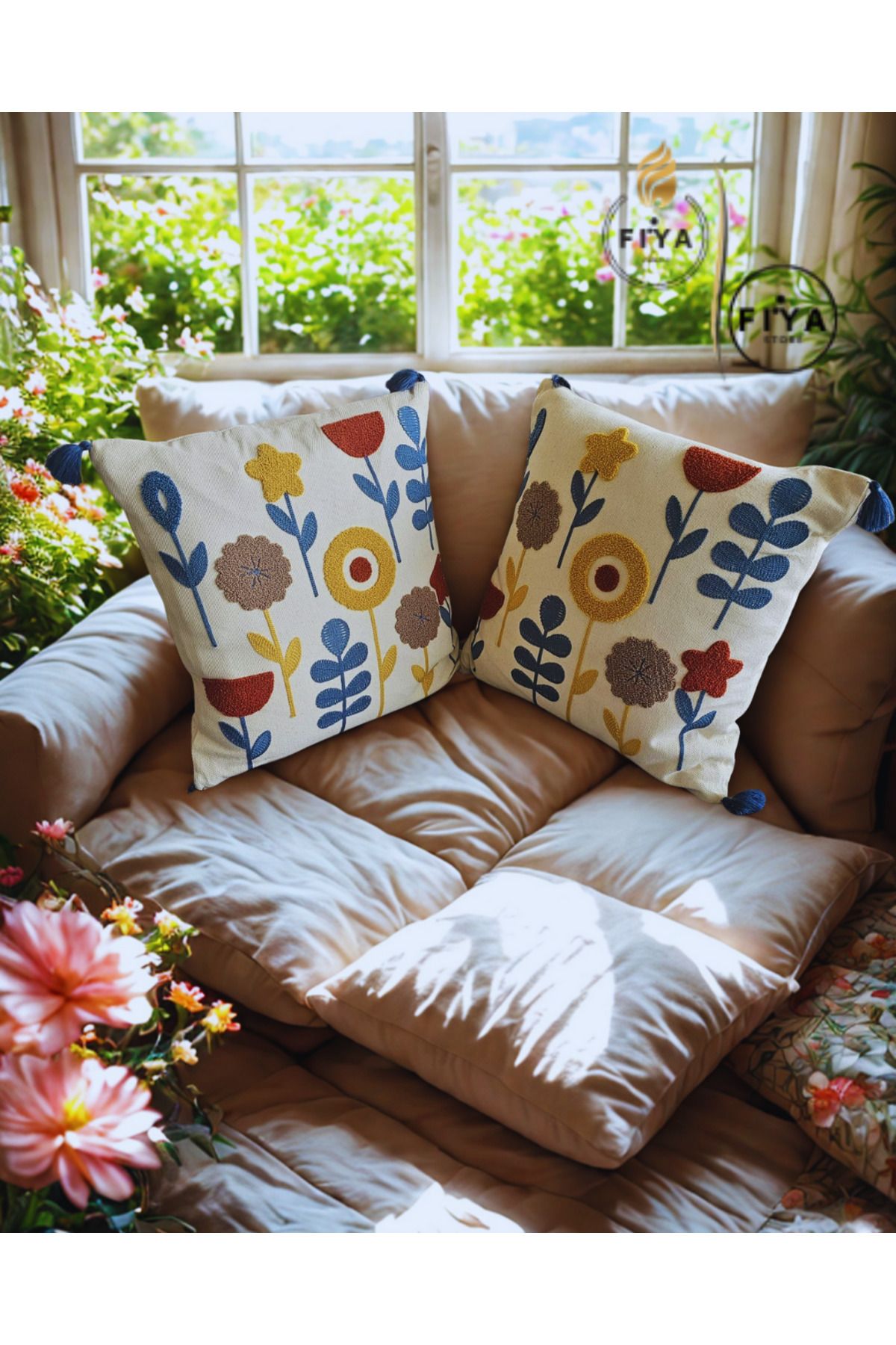 FiyaHome FİYA - 43x43 Punch El İşlemeli Çiçek Desenli Renkli 2'li Set - Dekoratif Yastık Kılıfı