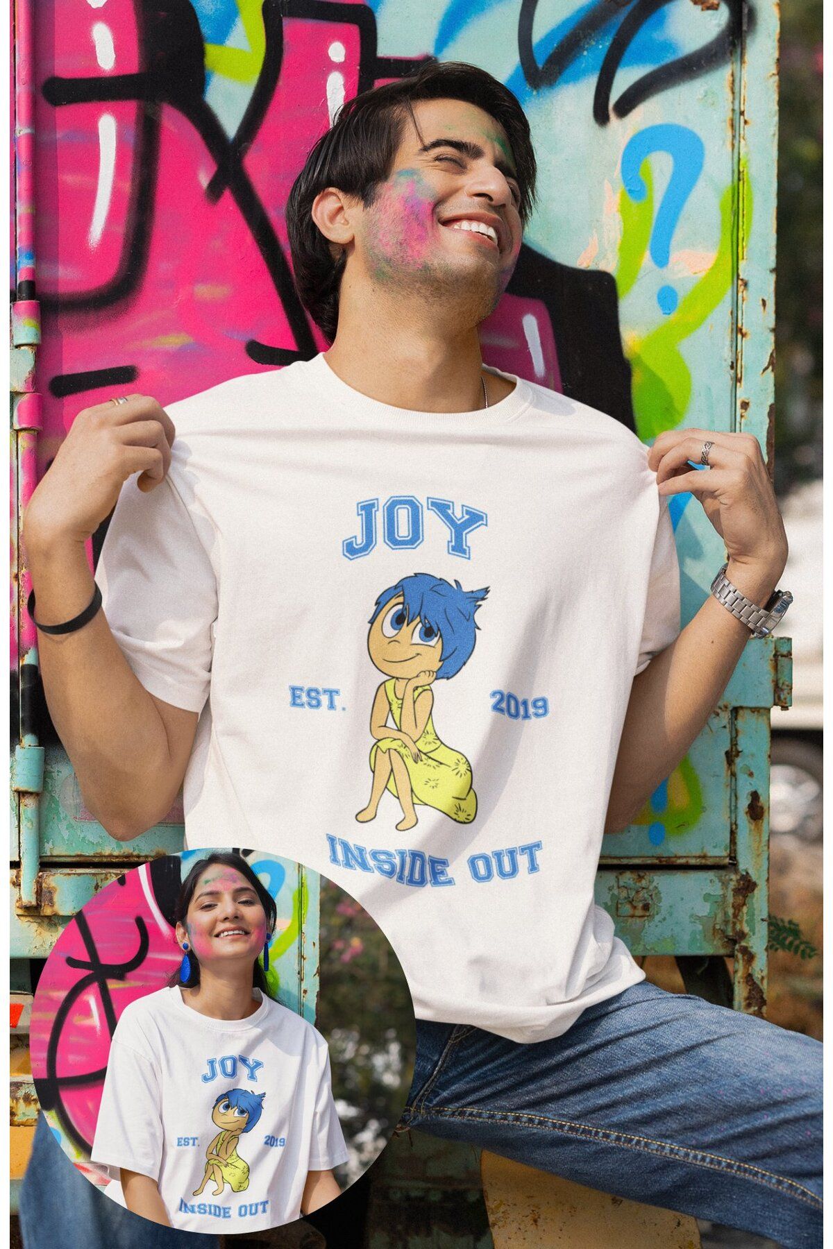 Fuddy Moda Unisex Insi.de Out Joy Baskılı T-shirt, Oversize Ters Yüz Animasyon Film Temalı Tişört