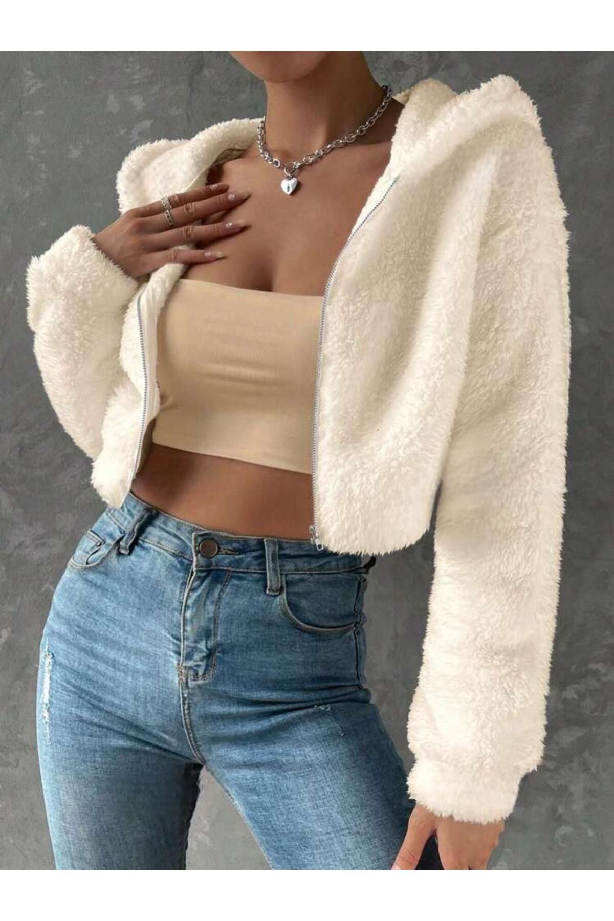 Shop58 Kadın Kırık Beyaz Peluş Crop Fitted Kapşonlu Zip Fermuarlı Polar Hırka Sweatshirt