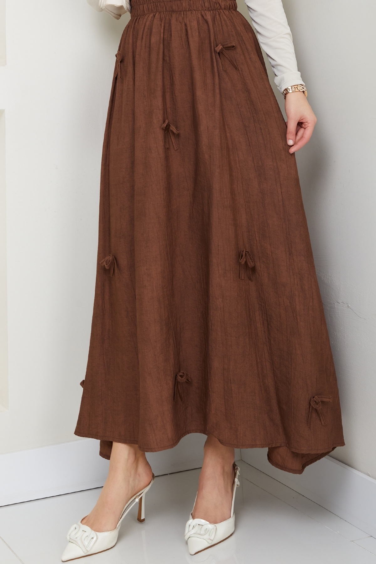 InStyle-Bitter Brown Skirt with Bow Detail and Elastic Waist 2