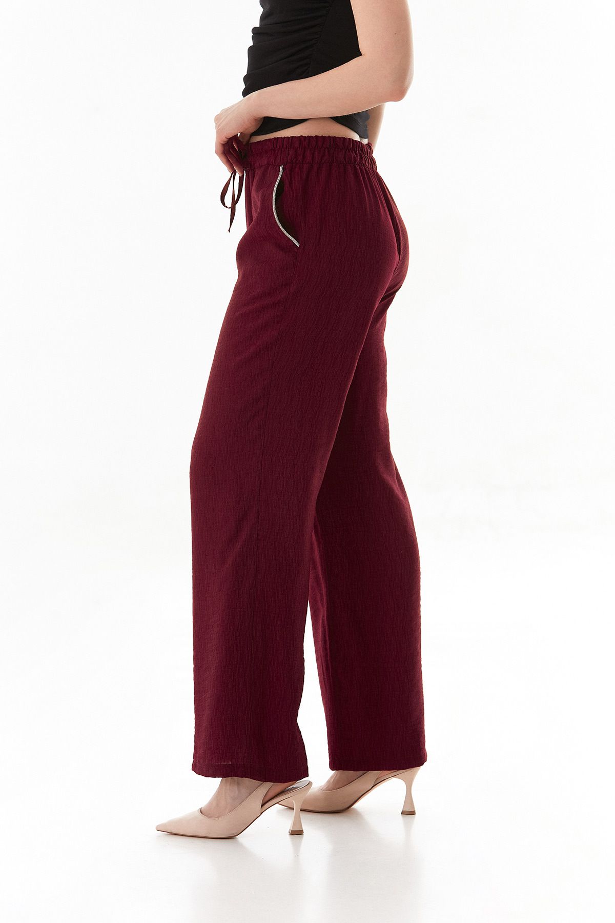 Fulla Moda-Palazzo Trousers with Pocket Stone Detail and Elastic Waist 2