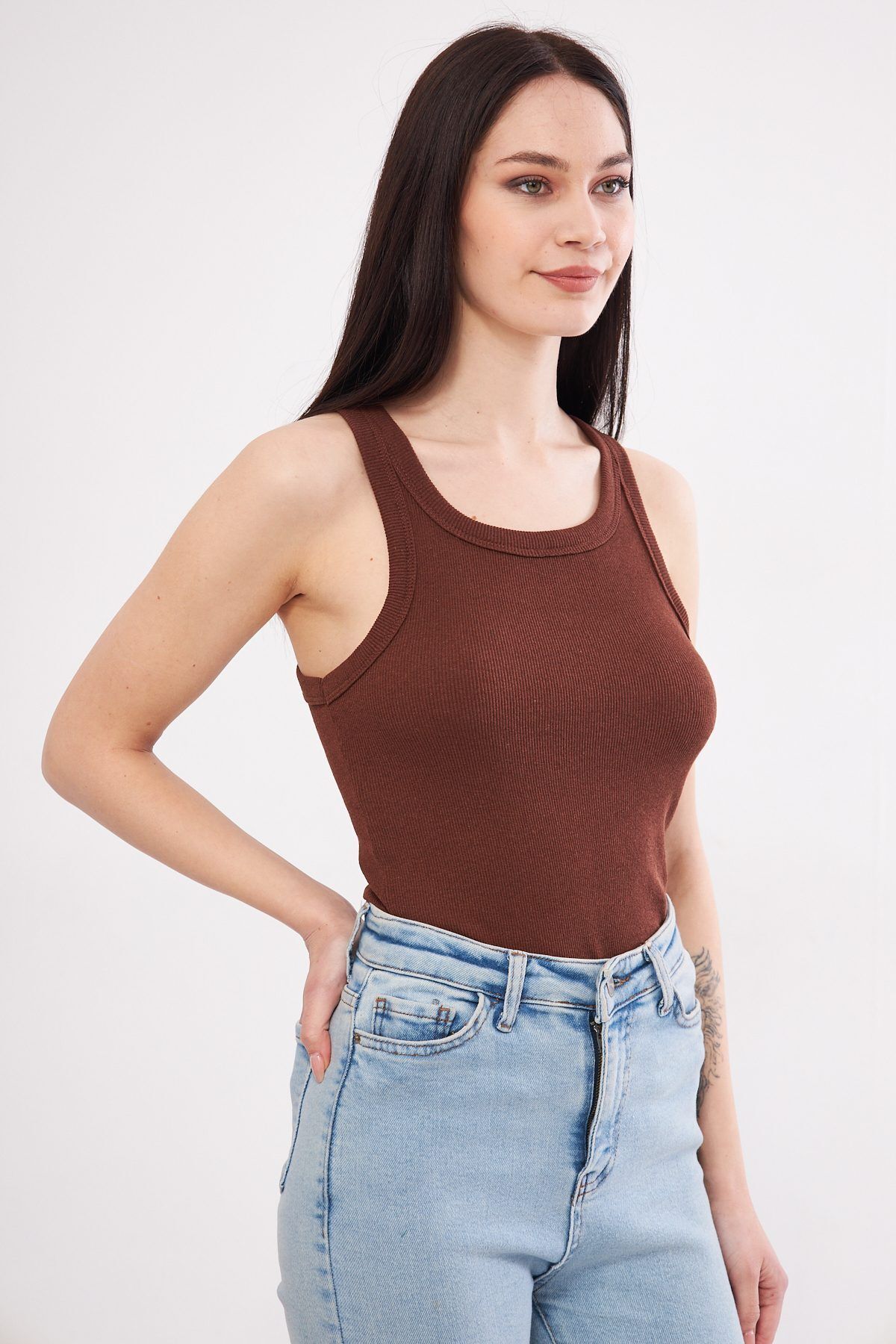 Shop58 Kahverengi Kadın Fitilli Kaşkorse Halter yaka Atlet