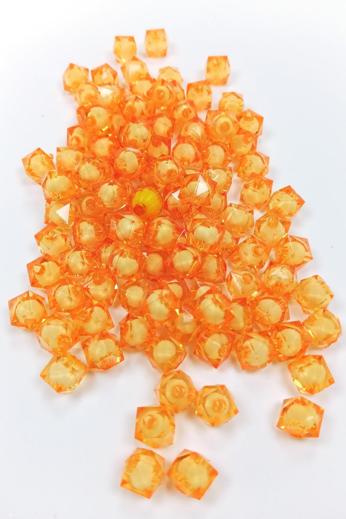 MBB ETİCARET Küp Boncuk İçten Boncuklu Bileklik Çanta Boncuğu 10 mm 50 gr Turuncu - BNC452