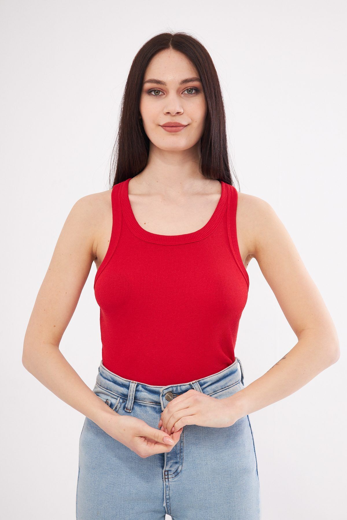 Shop58 Kadın Kırmızı Fitilli Kaşkorşe Halter Yaka Atlet