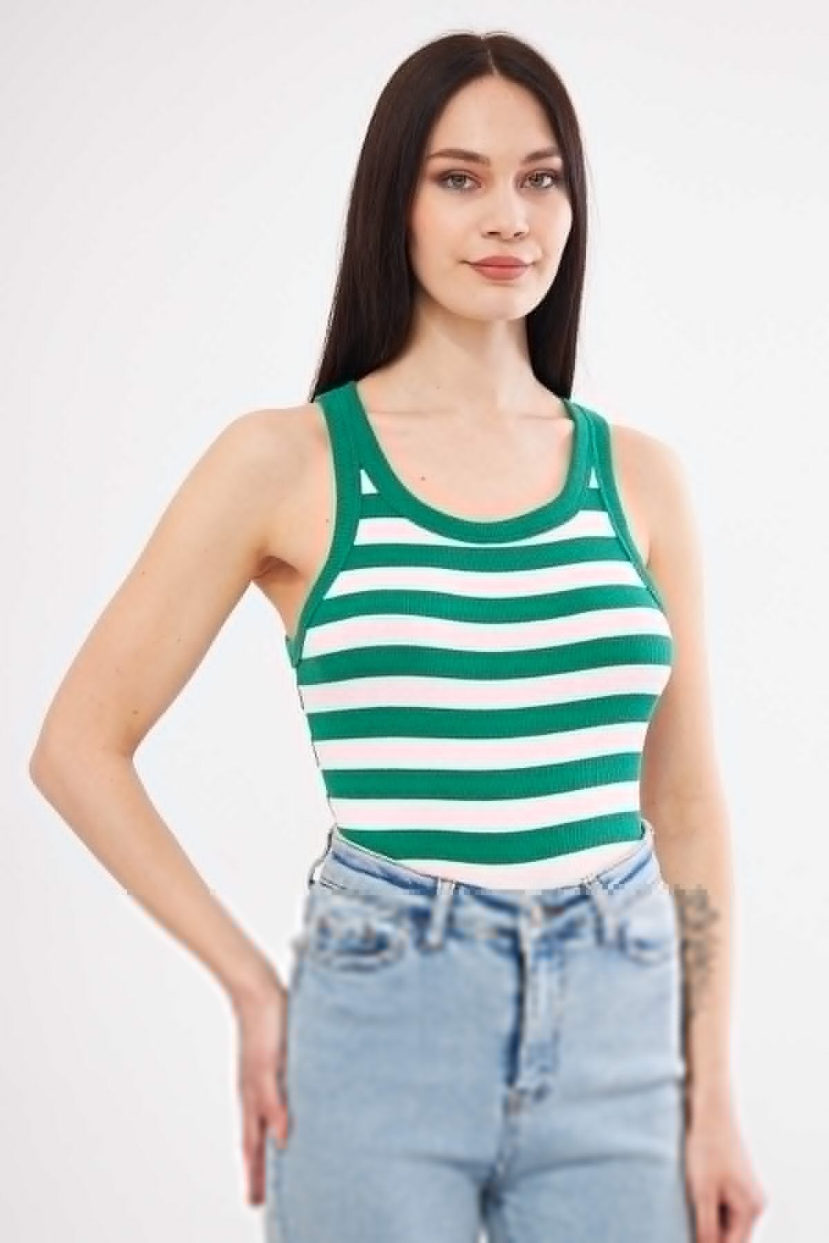 Shop58 Yeşil-Beyaz Kadın Fitilli Kaşkorse Halter yaka Atlet