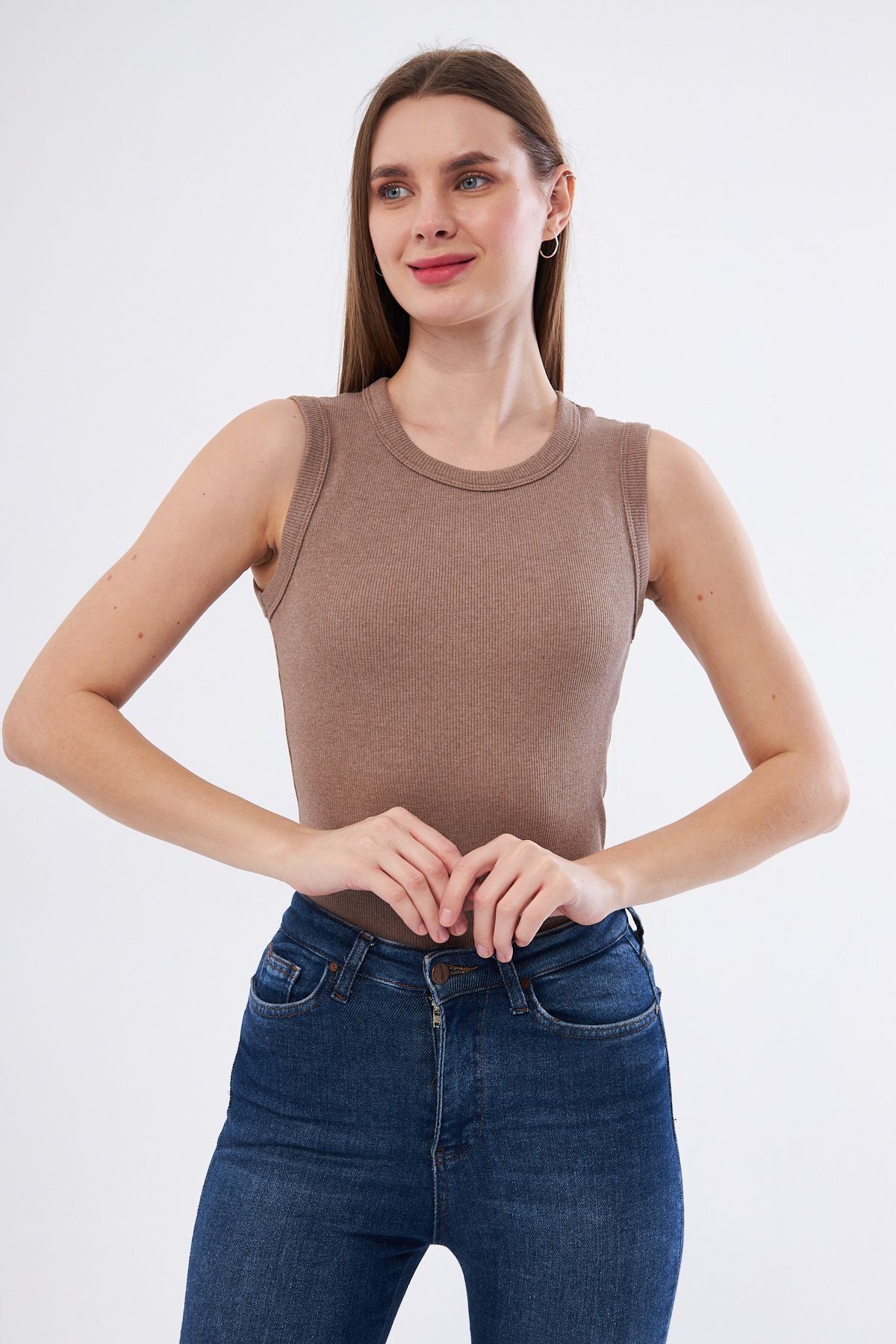 Shop58 Kadın Vizyon Fitlilli Likralı Pamuklu Bisiklet Yaka Kolsuz Tshirt Atlet