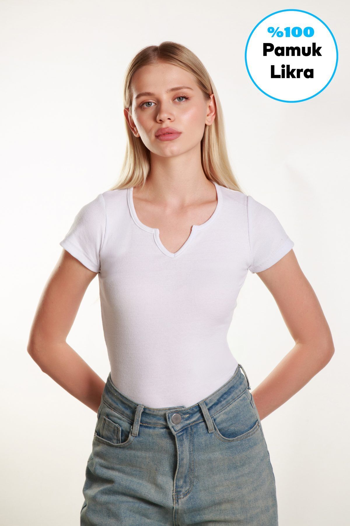 Shop58 Kadın Fitted Basic Fitilli Likralı V Yaka Kollu Tshirt Atlet Bluz