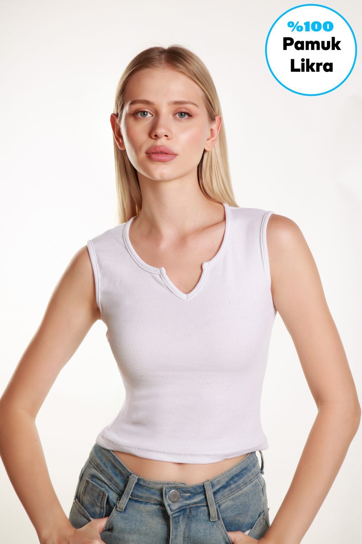 Shop58 Kadın Crop V Yaka Fitilli Likralı Sıfır Kollu Atlet Tshirt Bluz