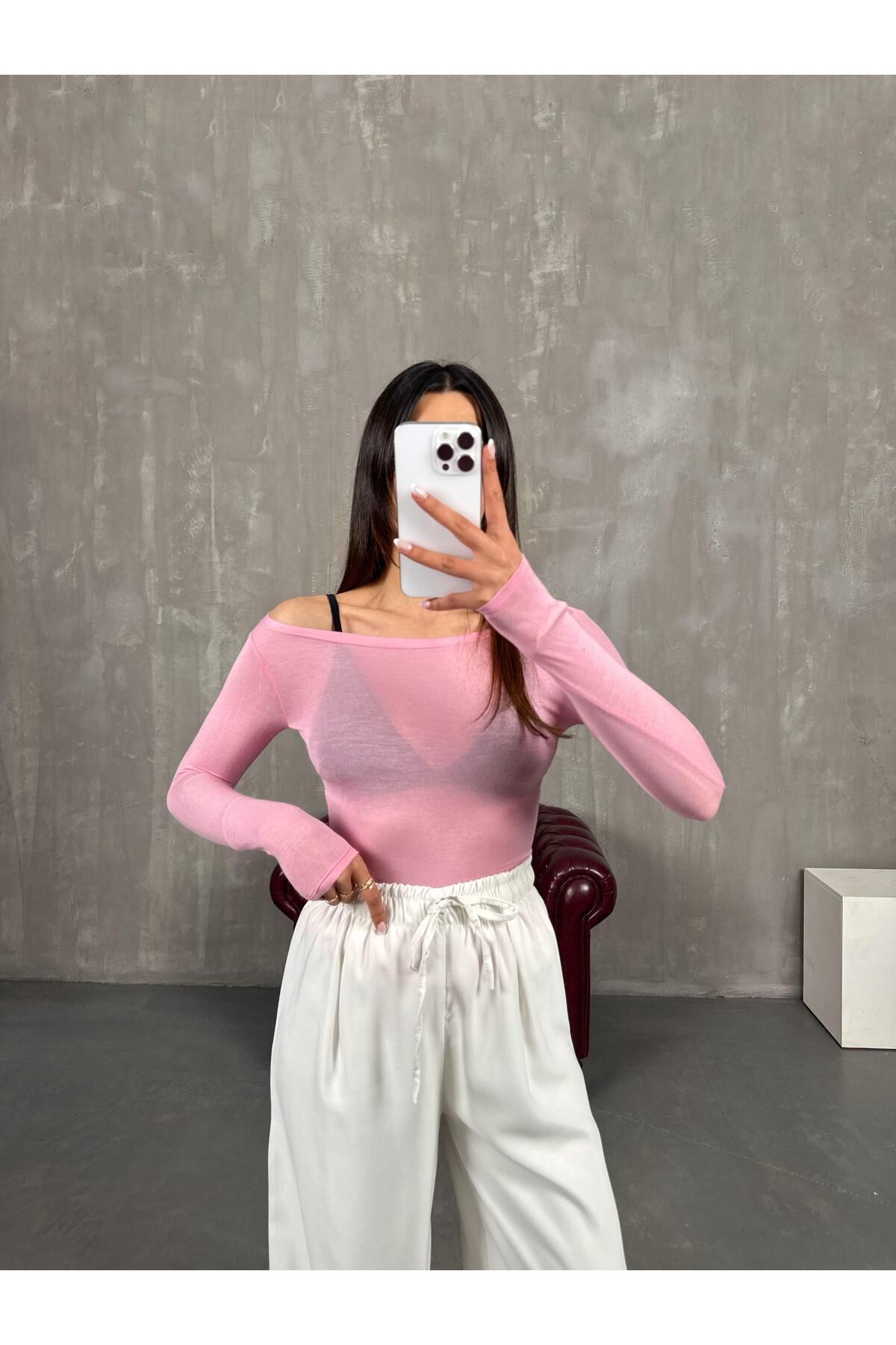 Gaus Pembe Transparan Kaşmir Dokulu Bluz Gaus00272