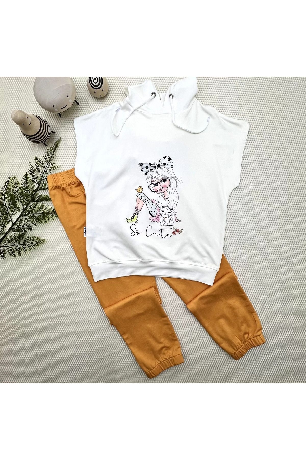 Shop58 Kapşonlu Sevimli Kız Baskılı Kısa Kolu 2li Kız Erkek Çocuk Takımı Hardal