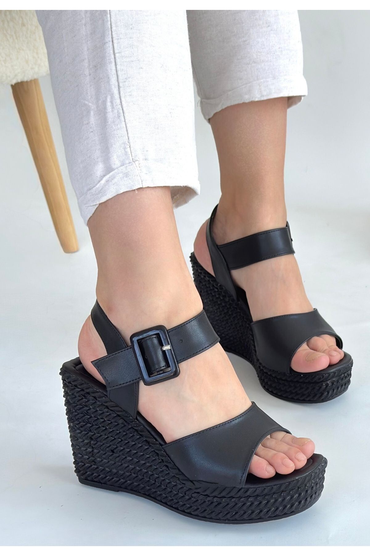 h hera giyim Wowo Siyah Cilt Dolgu Topuk Sandalet