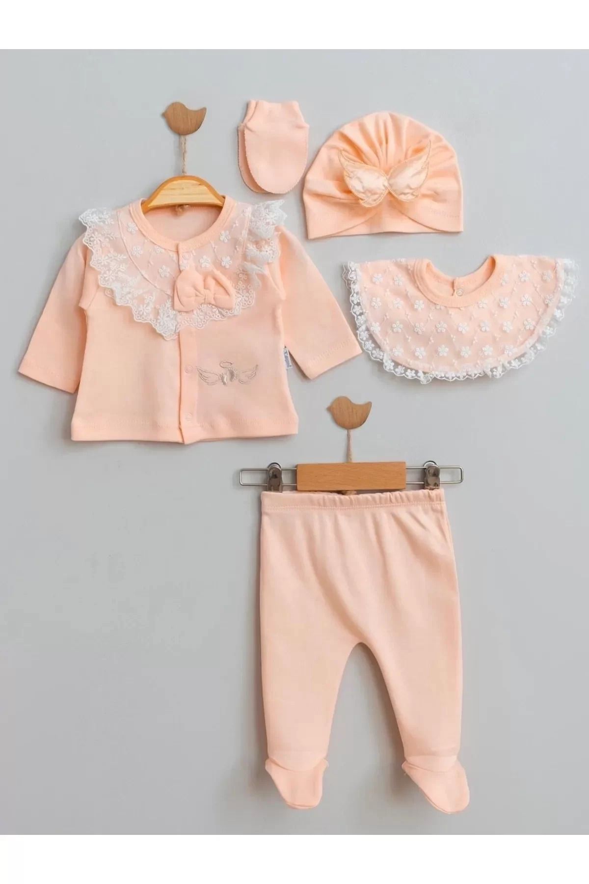 Shop58 Melek Kanatlı % 100 Pamuk 5'li Kız Bebek Hastane Çıkış Seti