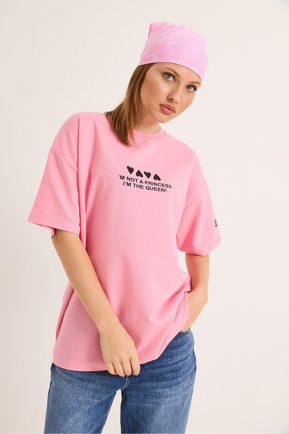 Raneel Kazançlı Alışveriş Bisiklet Yaka Baskılı Oversize Tshirt Pembe