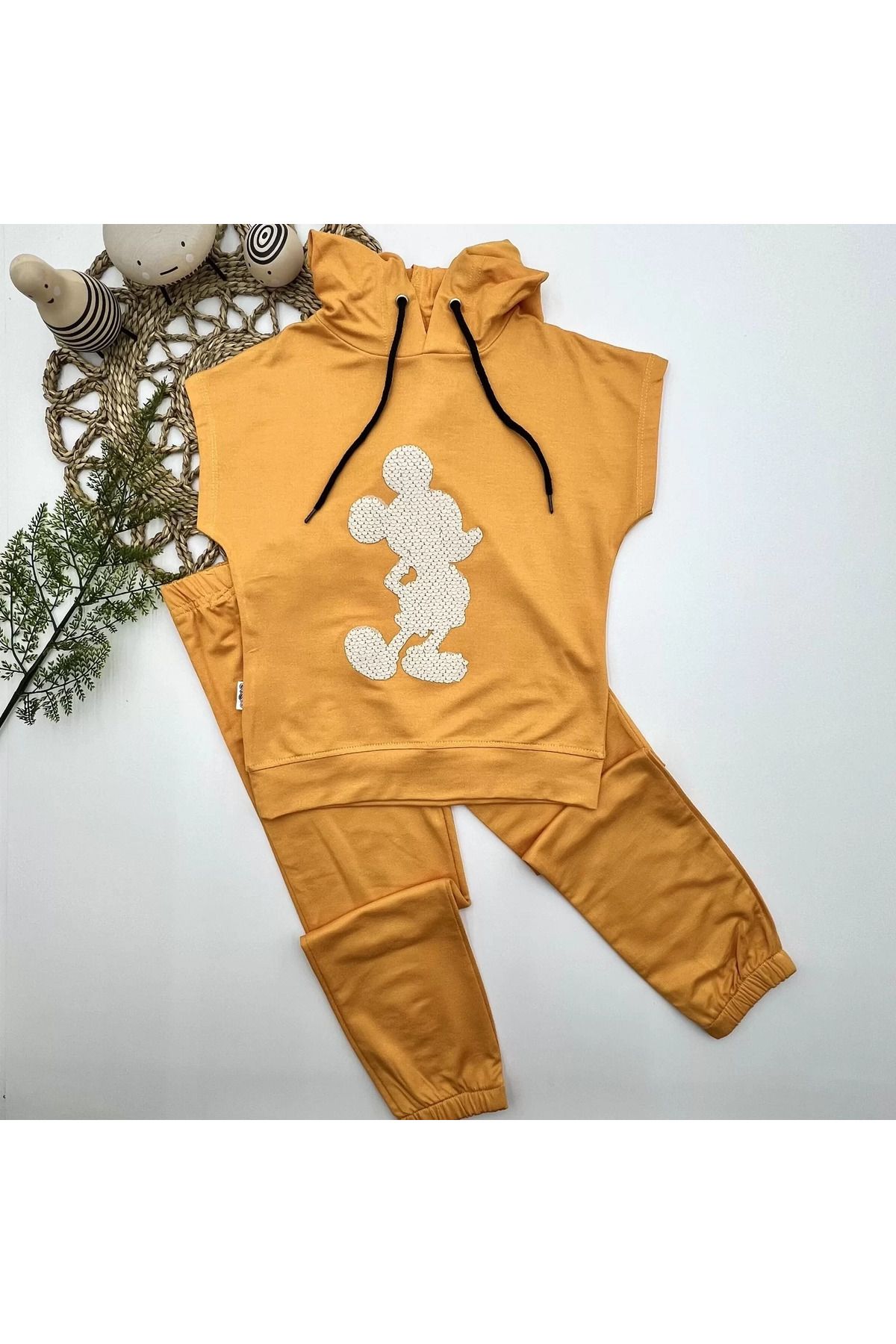 Shop58 Kapşonlu Petli Mickey Desenli Kısa Kol 2li Kız Erkek Çocuk Takımı Sarı