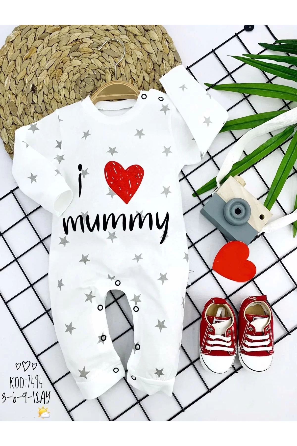 Shop58 Gümüş Yıldız I Love Mummy Baskılı Uzun Kollu Kız Erkek Bebek Tulumu