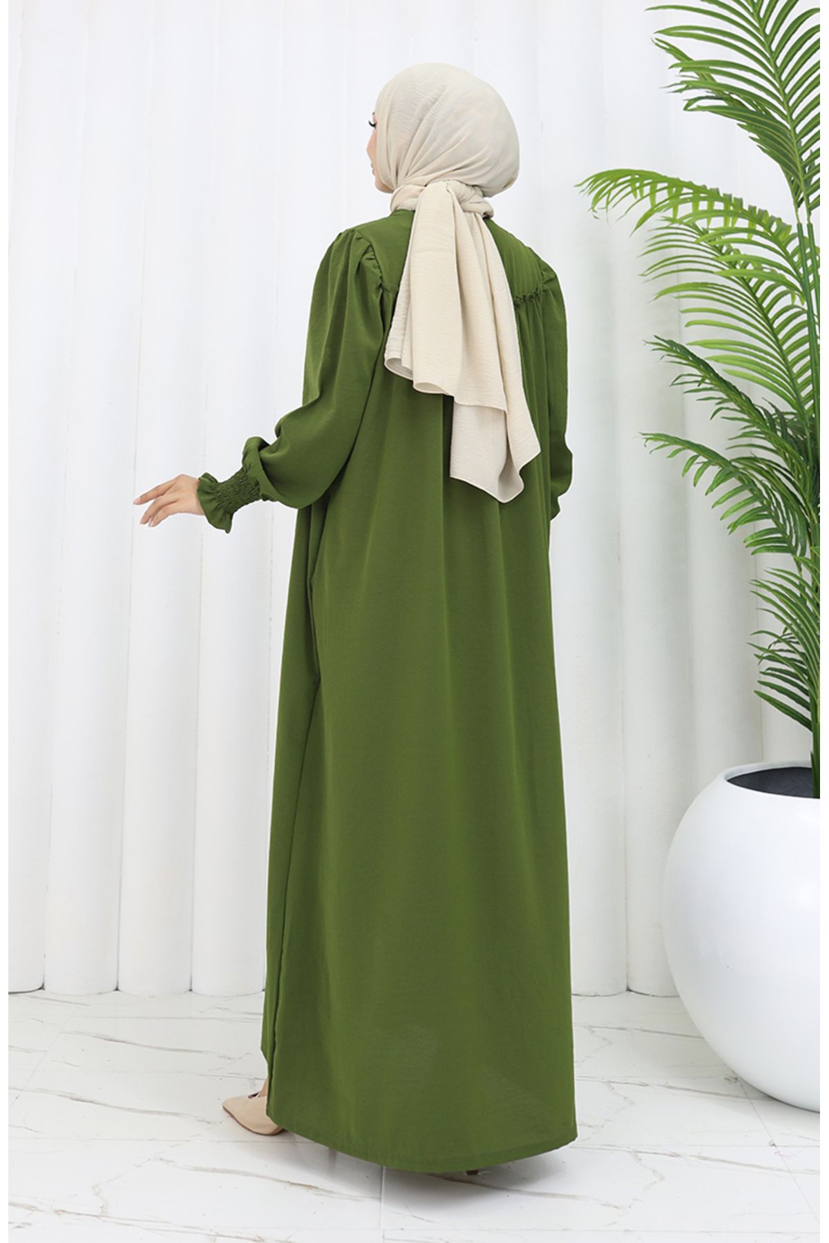 sefamerve-Zippered Ferace with Elastic Handle 2035-05 Khaki 5