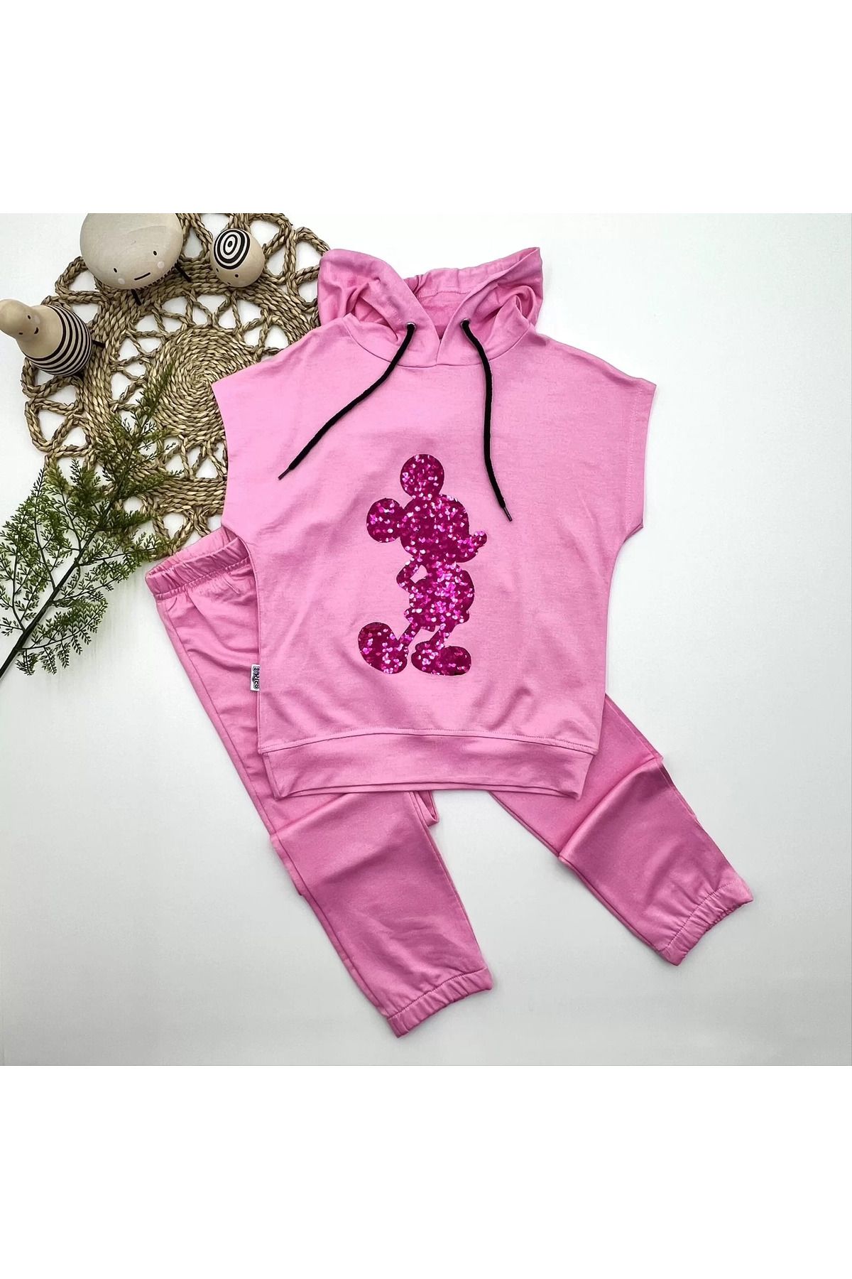 Shop58 Kapşonlu Petli Mickey Desenli Kısa Kol 2li Kız Erkek Çocuk Takımı Pembe