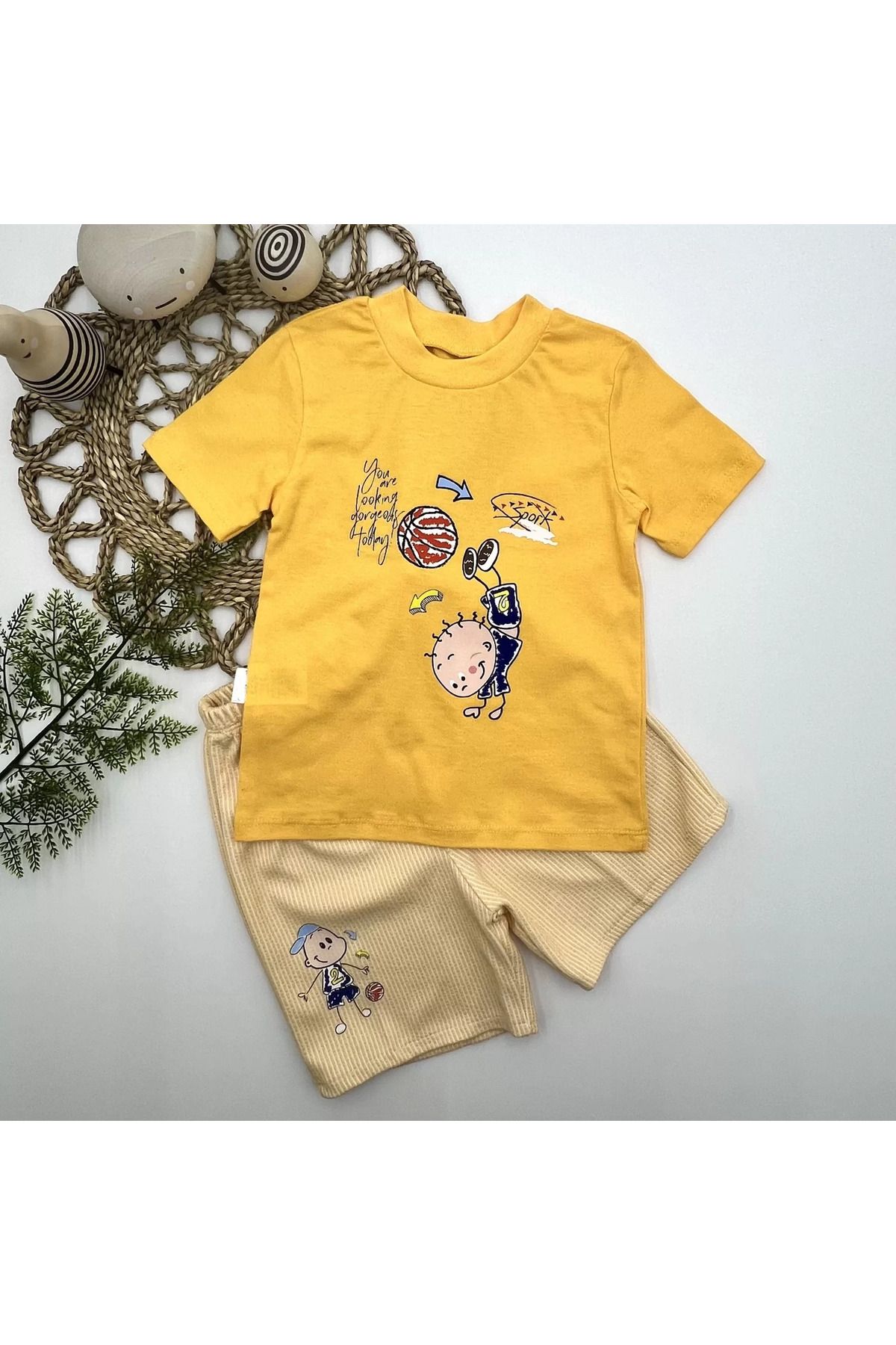 Shop58 Topçu Erkek Çocuk Baskılı Şortlu Kısa Kollu Tişört 2li Erkek Bebek Takımı