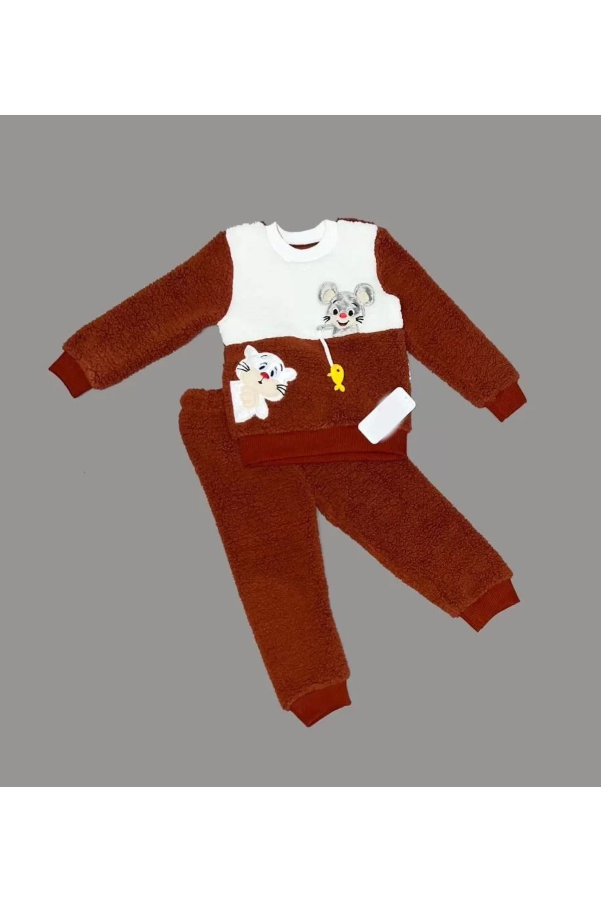 Shop58 Sallanan Balık Nakışlı Kuzu Kumaş Sweat Pantolon Uzun Kollu Kız Erkek 2 Li Takımı Kahverengi