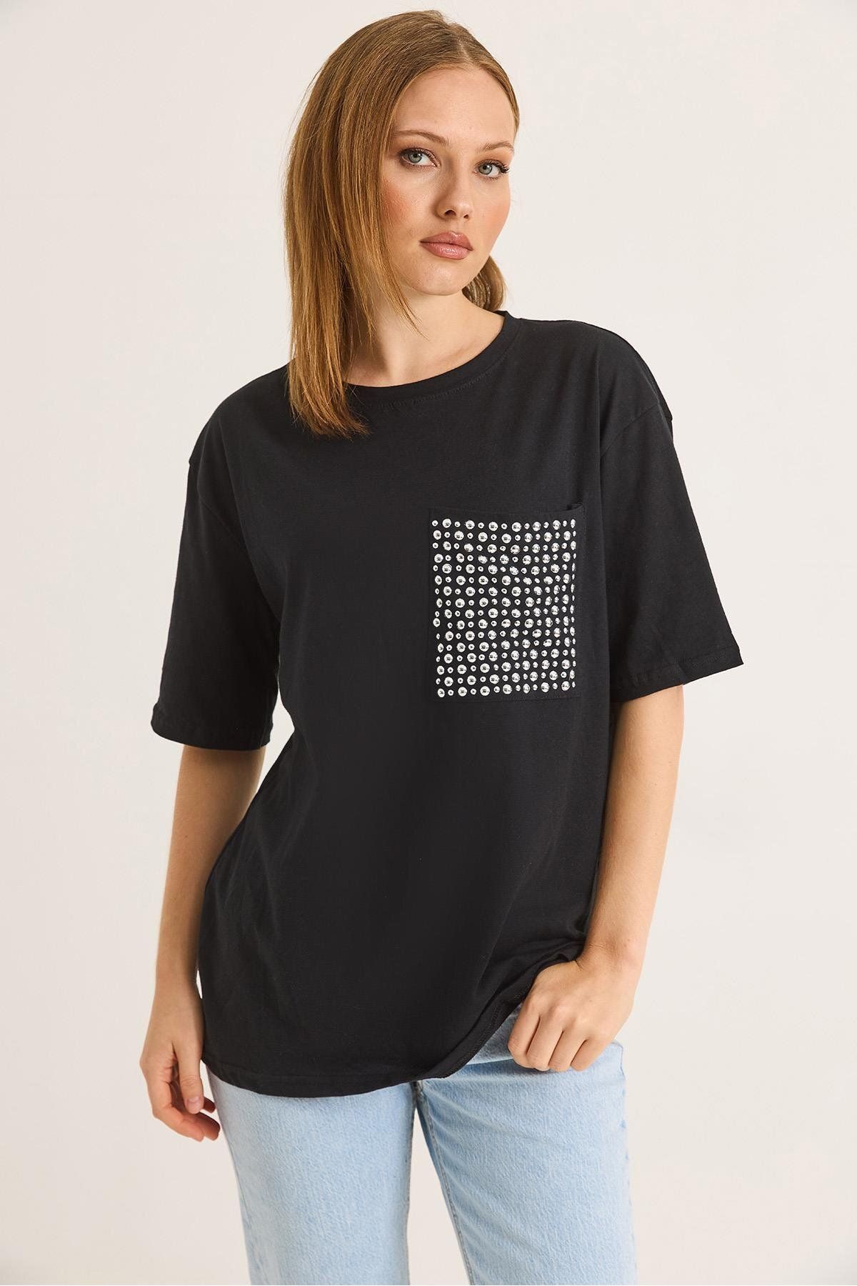 Raneel Kazançlı Alışveriş Bisiklet Yaka Taş Detaylı Cepli Tshirt Siyah