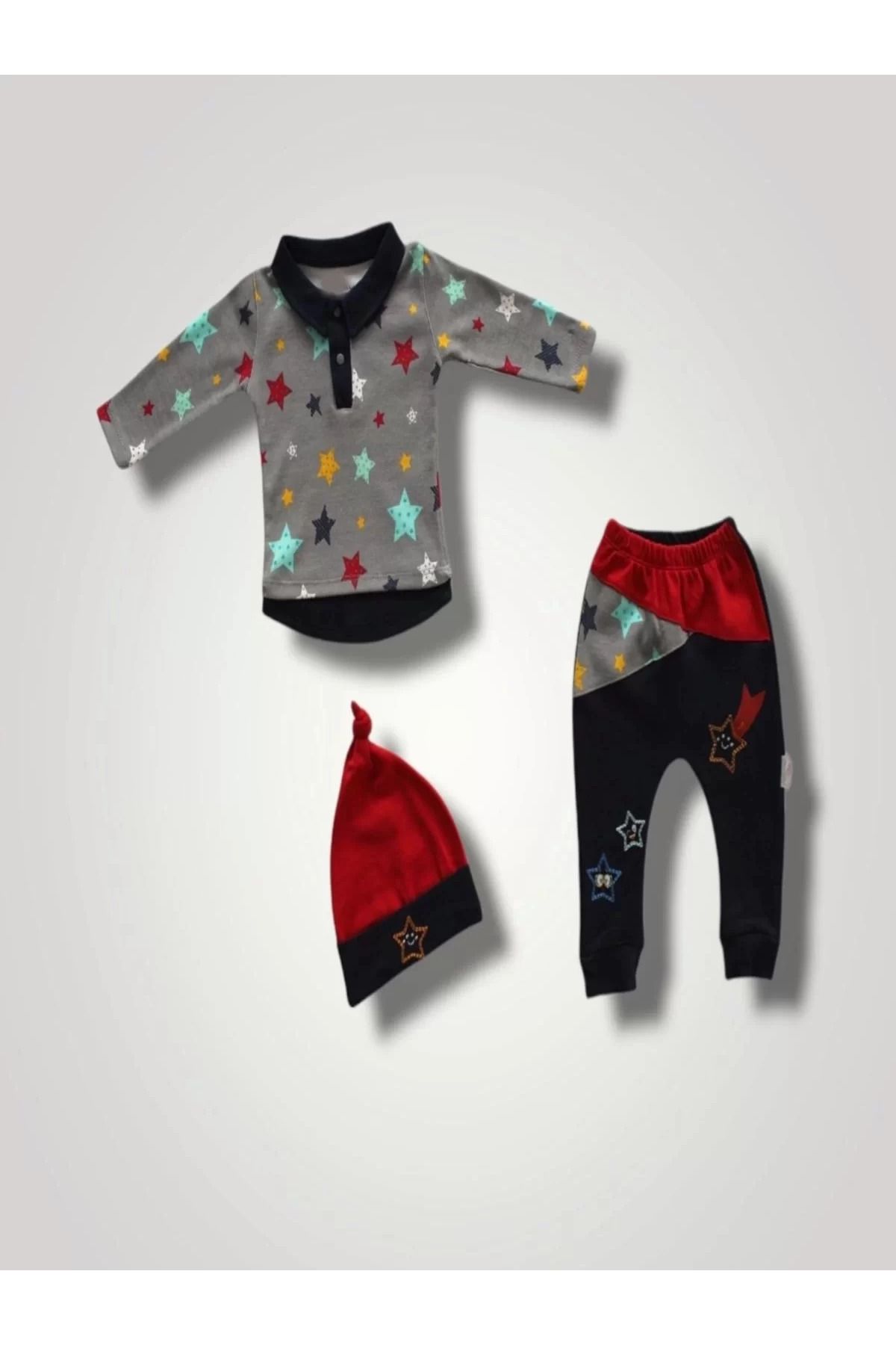 Shop58 Samanyolu Yıldızlar Baskılı Uzun Kollu Sweat Şapkalı3lü Kız Erkek Bebek Takımı Lacivert