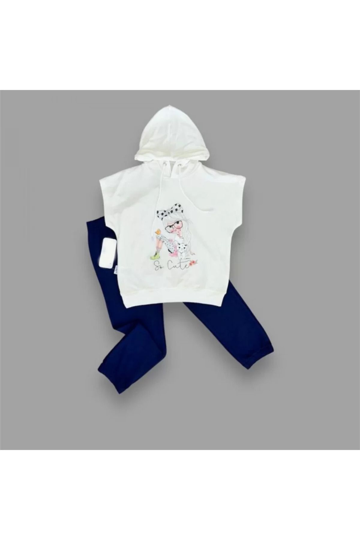 Shop58 Kapşonlu Sevimli Kız Baskılı Kısa Kolu 2li Kız Erkek Çocuk Takımı Lacivert