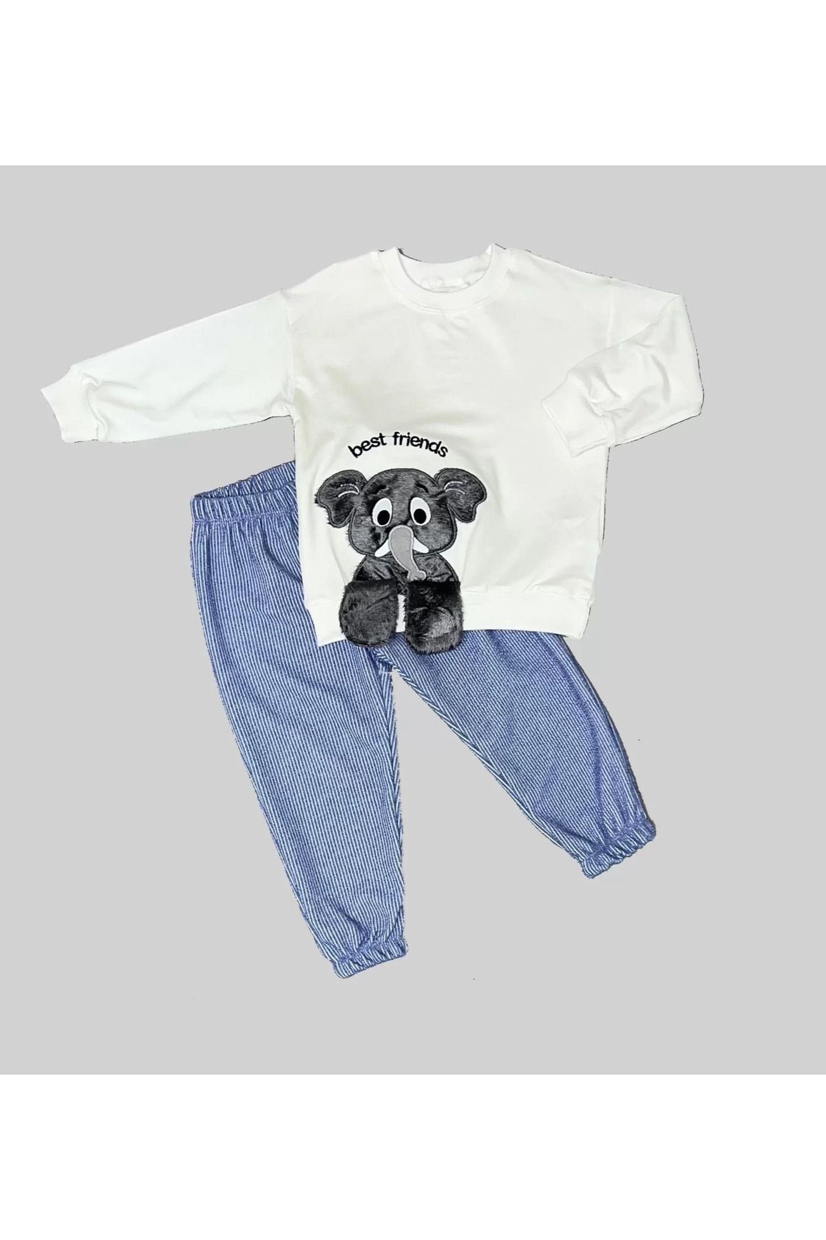 Shop58 Filli Sallanan Ayak Desenli Likra Penye Kumaş Sweat Pantolonlu Kız Erkek 2li Çocuk Takımı Beyaz