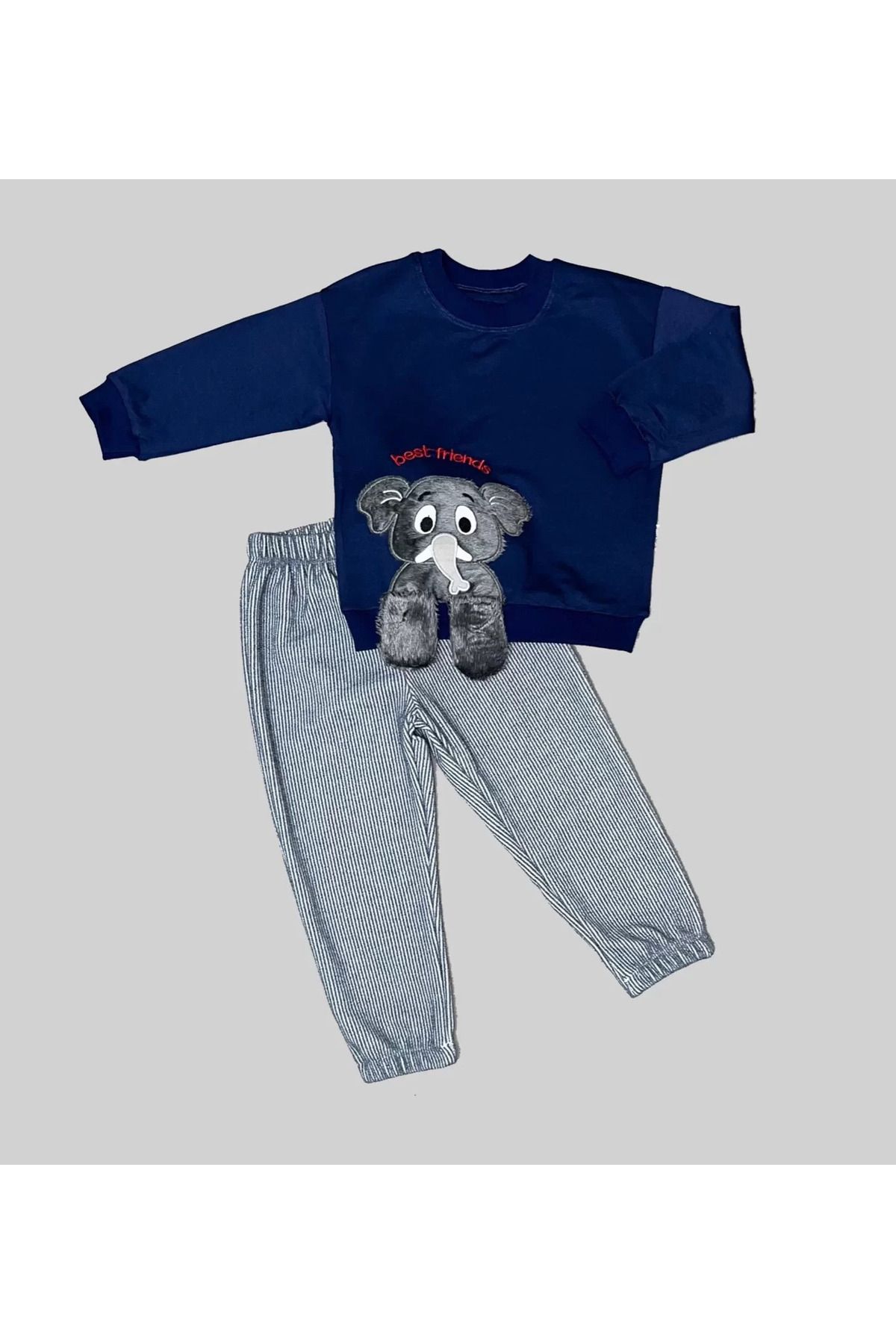 Shop58 Filli Sallanan Ayak Desenli Likra Penye Kumaş Sweat Pantolonlu Kız Erkek 2li Çocuk Takımı Lacivert