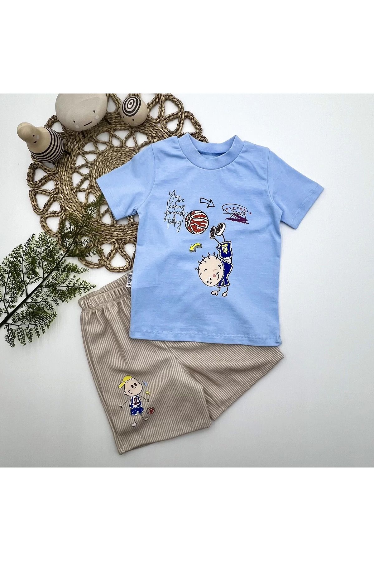 Shop58 Topçu Erkek Çocuk Baskılı Şortlu Kısa Kollu Tişört 2li Erkek Bebek Takımı