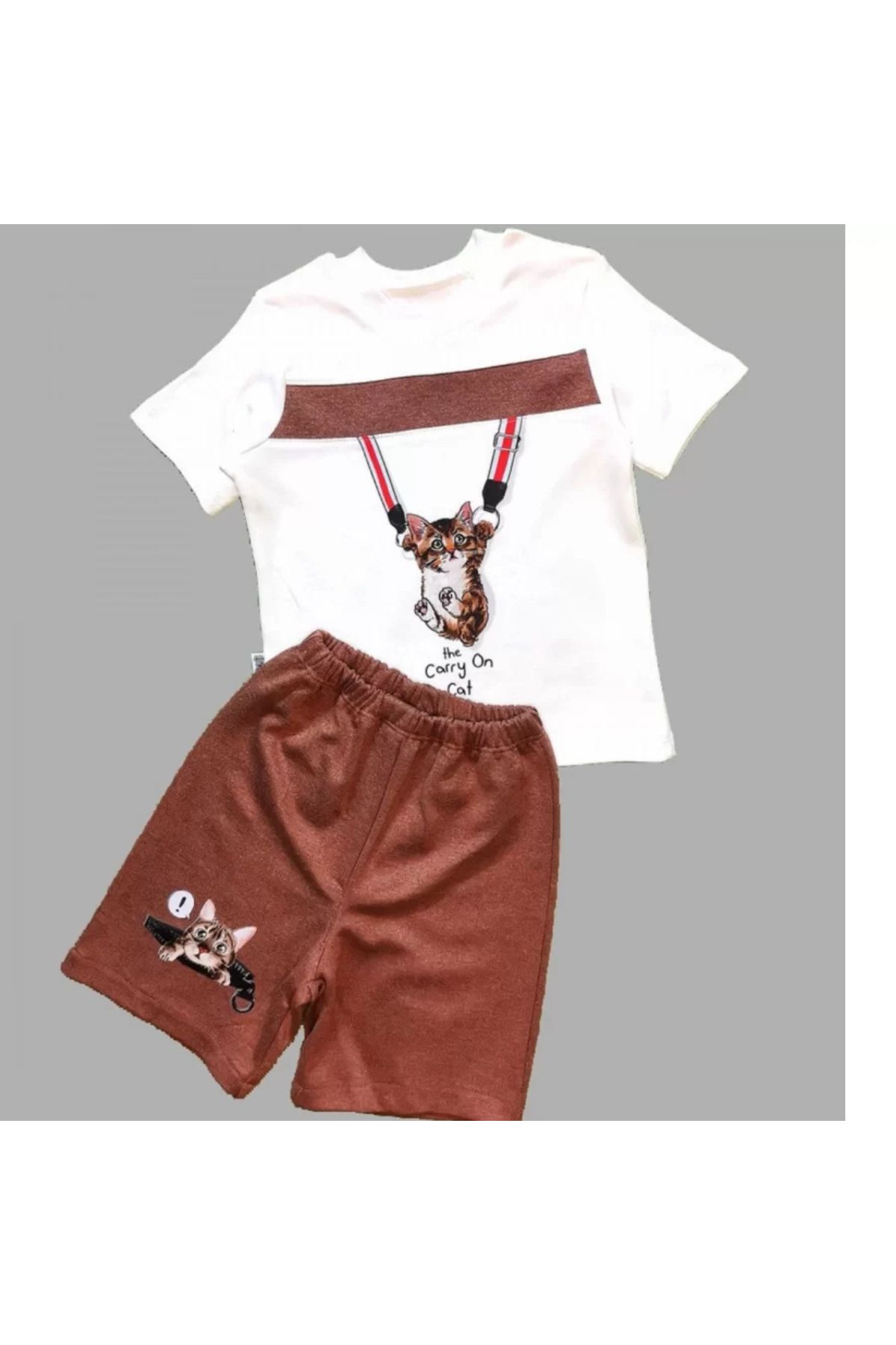 Shop58 Fermuarlı Kedi Baskılı Şortlu Kısa Kollu Tişört 2li Erkek Bebek Takımı Kahverengi