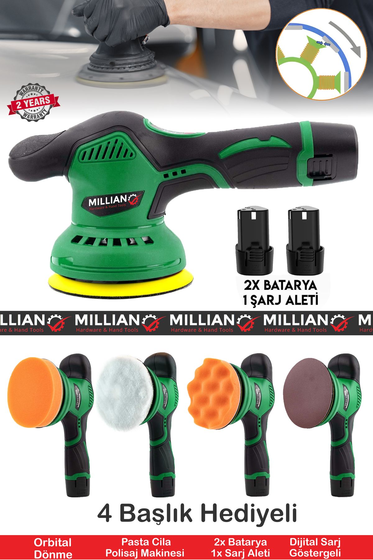 Millian 58 V Orbital 6 Kademeli Zımpara Cila Pasta Parlatma Polisaj Makinesi Otomatik Şanzıman Devir Ayarlı