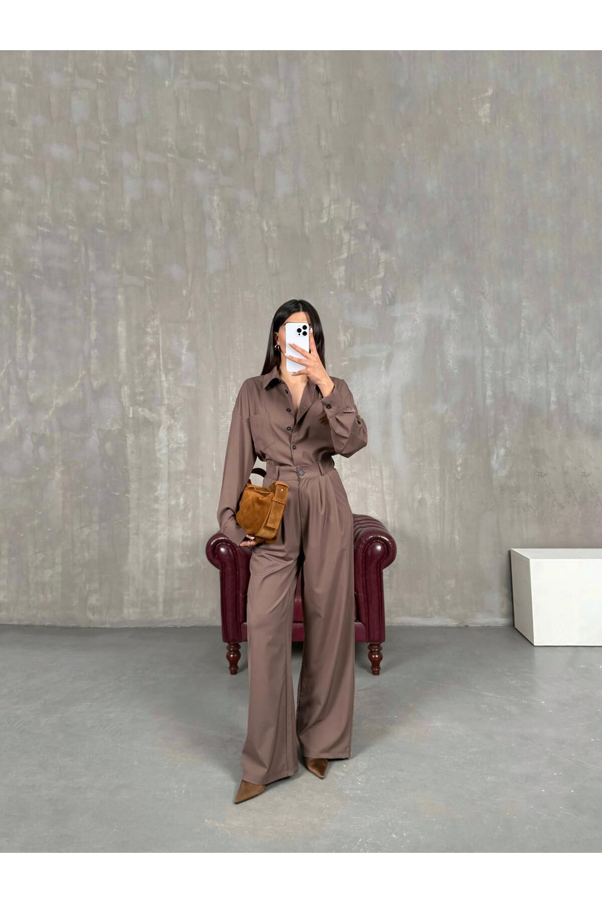Gaus Sütlü Kahve İthal Kumaş Premium Gömlek Pantolon İkili Takım Gaus00273