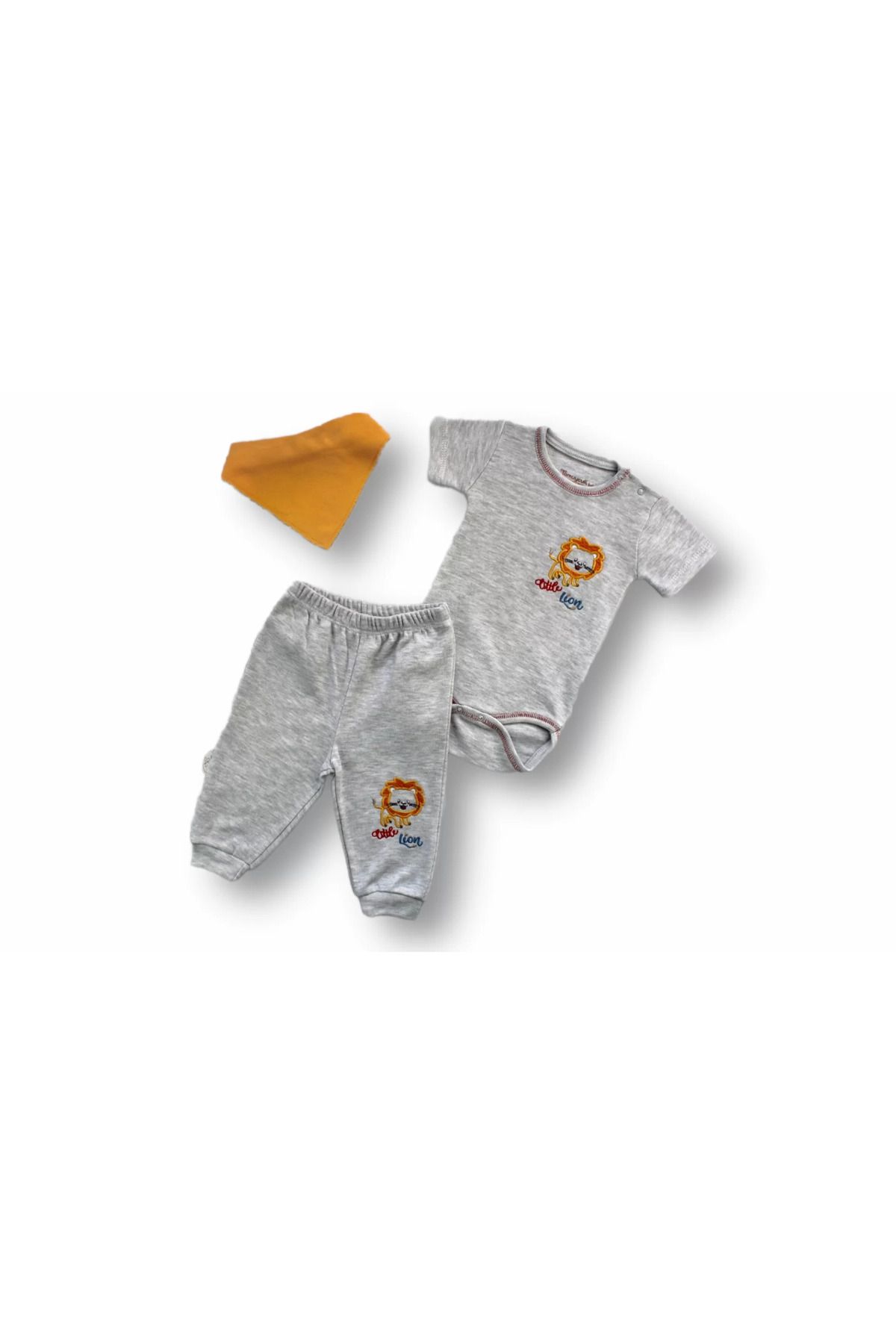 Shop58 Yavru Aslan Nakışlı Bandajlı Kısa Kollu Zıbınlı 3lü Erkek Bebek Takımı Gri