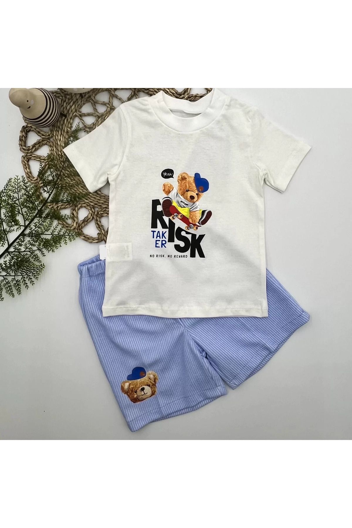 Shop58 Kaykaycı Ayı Baskılı Şortlu Kısa Kollu Tişört 2li Erkek Bebek Takımı Ekru