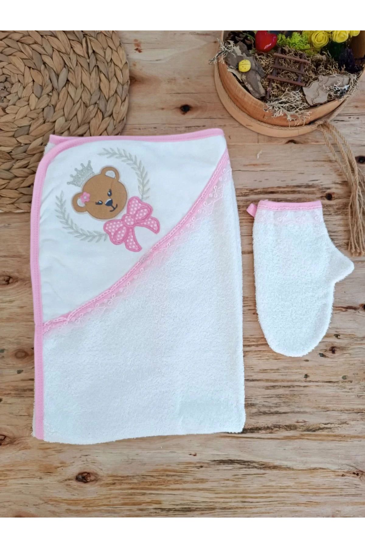 Shop58 Nakışlı El Keseli 2likız Bebek Havlu Takımı Pembe