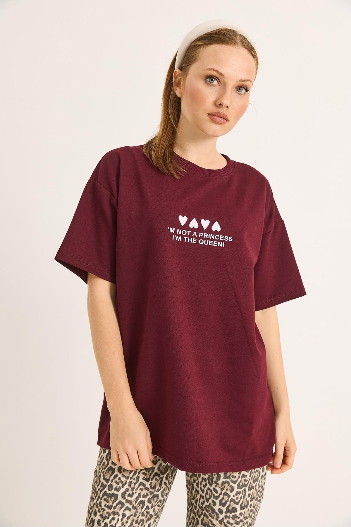 Raneel Kazançlı Alışveriş Bisiklet Yaka Baskılı Oversize Tshirt Bordo