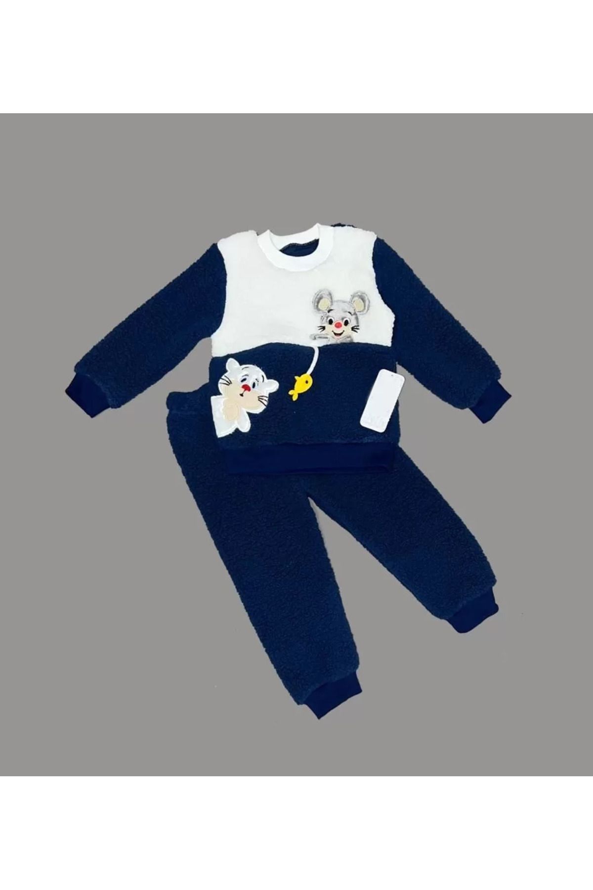 Shop58 Sallanan Balık Nakışlı Kuzu Kumaş Sweat Pantolon Uzun Kollu Kız Erkek 2 Li Takımı Lacivert
