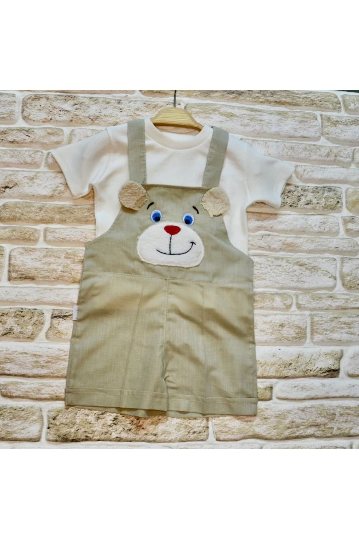 Shop58 Keten Kumaş Tişörtlü Ayıcık Nakışlı Şort 2li Kız Erkek Bebek Salopet Takımı Bej