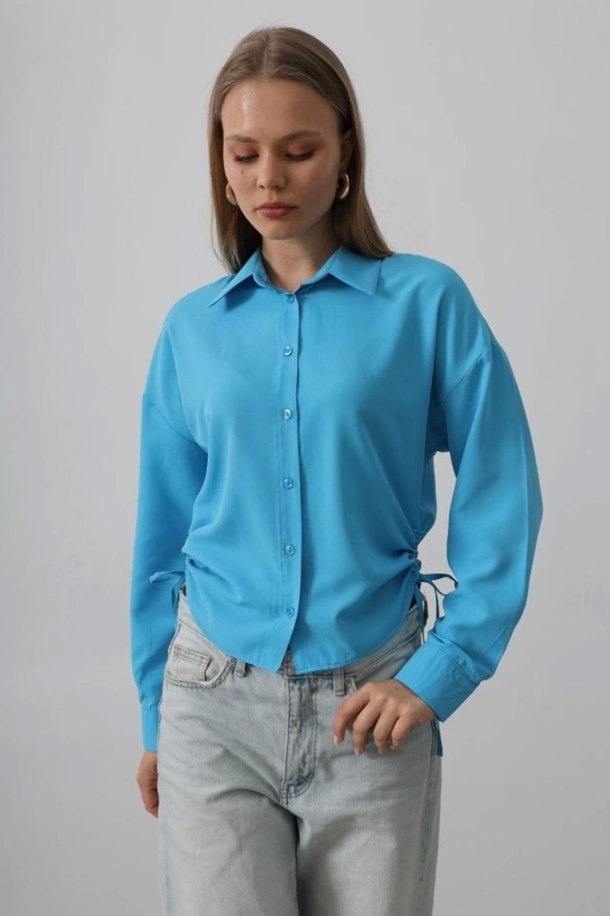 Butik Yanları Bağlamalı Basic Gömlek - Turkuaz